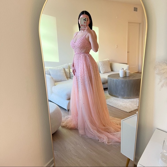 Pink Beaded Tulle Evening Gown w/ Overlay Skirt - Picture 4 of 12